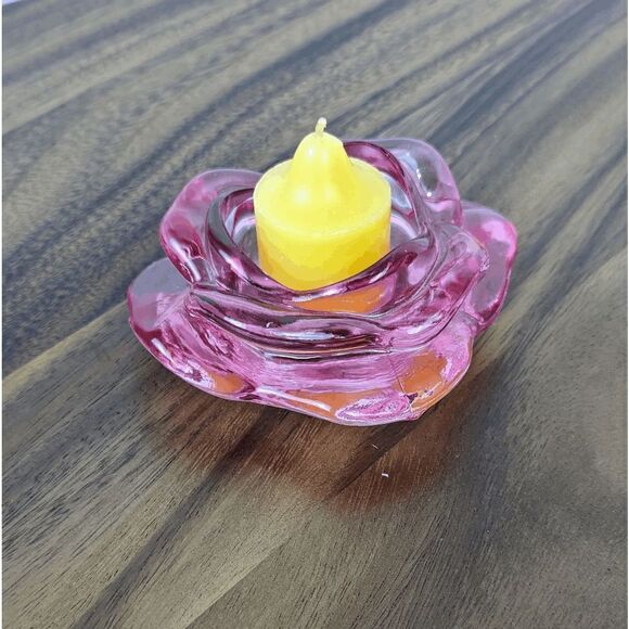 Rosette Style Glass Tealight Holder Pink 1.73" H x 4.25" W - Picture 1 of 7